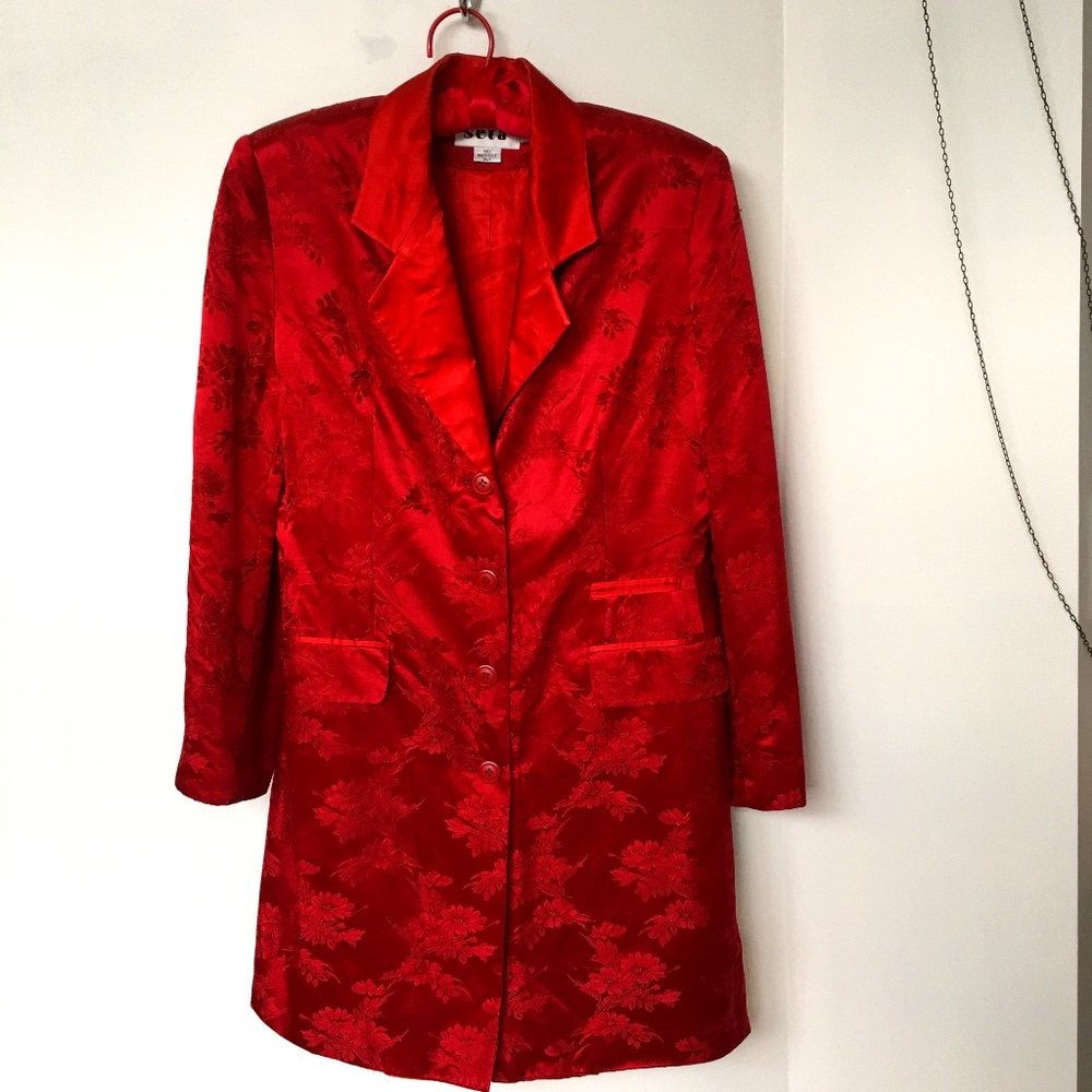 Asian Inspired Silk Jacket Coat Dress Red Floral Size L